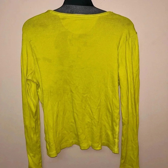 DKNY jeans Neon Lemon green long sleeve knit V-neck top Sz L - Picture 4 of 12